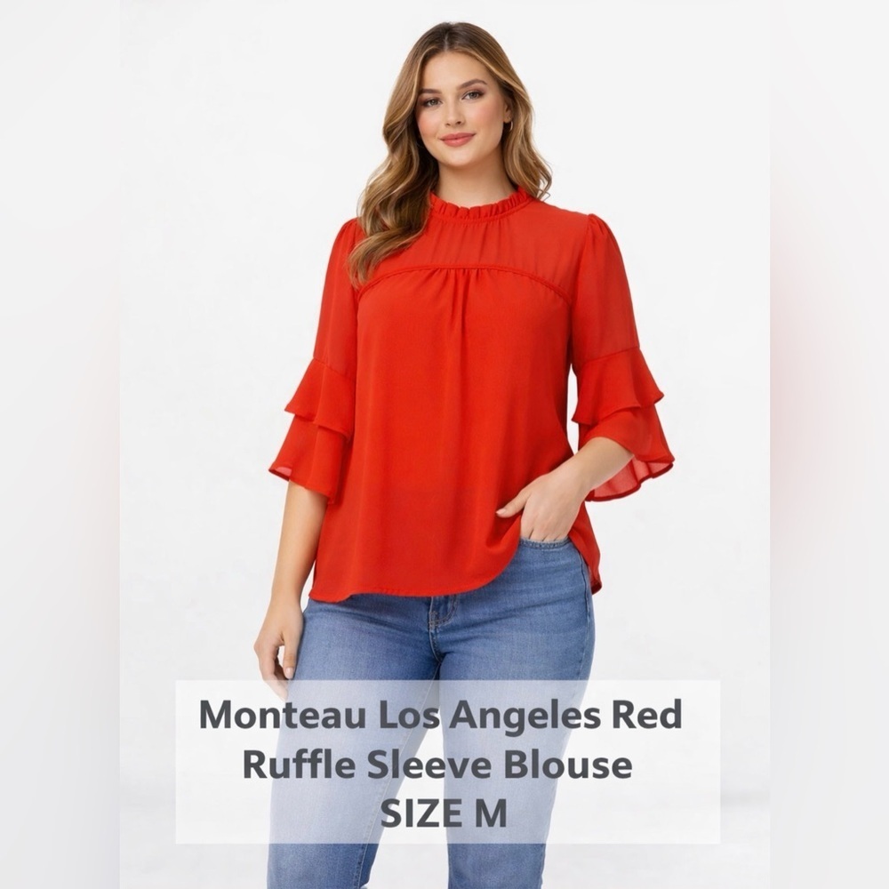 Monteau Los Angeles Red Ruffle Sleeve Blouse Women Size M Flowy Top